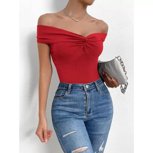SweatyRocks Women's Off Shoulder Twist Front Ribbed Knit Short Sleeve Tops Casual Elegant Slim Fit Tee Shirts