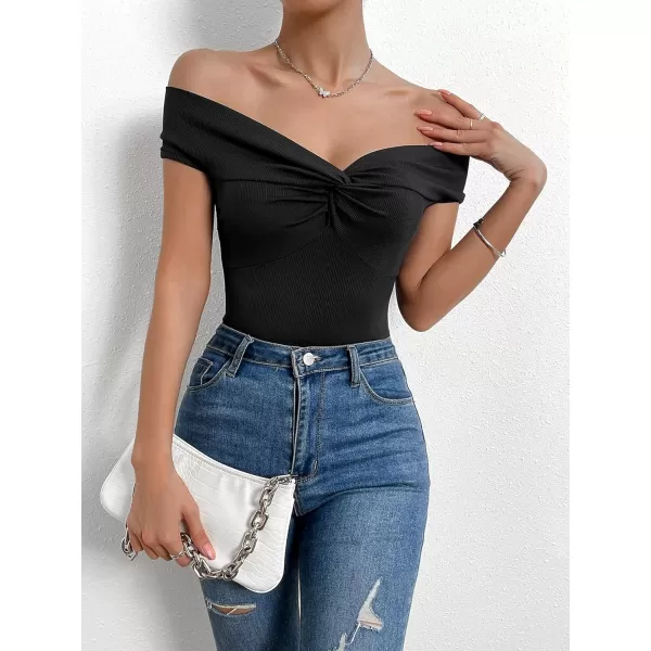 SweatyRocks Women's Off Shoulder Twist Front Ribbed Knit Short Sleeve Tops Casual Elegant Slim Fit Tee Shirts