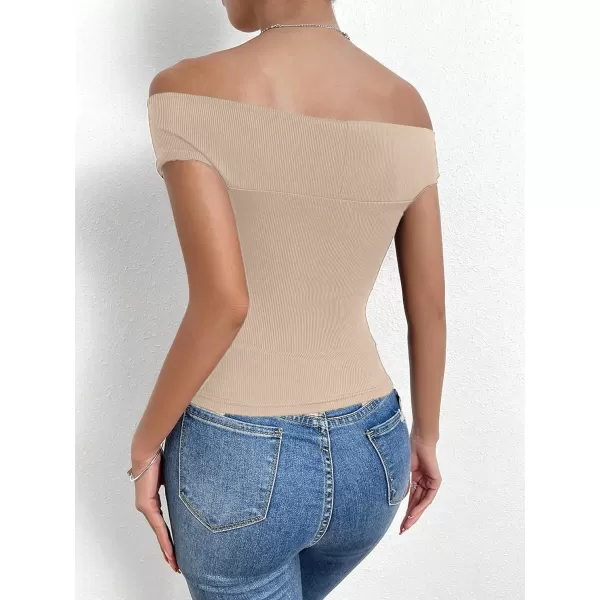 SweatyRocks Women's Off Shoulder Twist Front Ribbed Knit Short Sleeve Tops Casual Elegant Slim Fit Tee Shirts