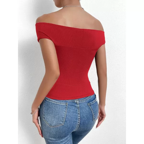 SweatyRocks Women's Off Shoulder Twist Front Ribbed Knit Short Sleeve Tops Casual Elegant Slim Fit Tee Shirts