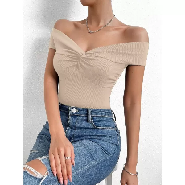 SweatyRocks Women's Off Shoulder Twist Front Ribbed Knit Short Sleeve Tops Casual Elegant Slim Fit Tee Shirts