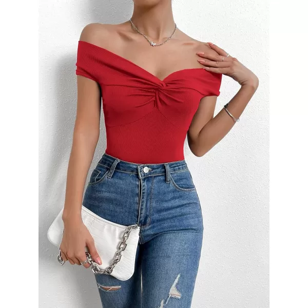 SweatyRocks Women's Off Shoulder Twist Front Ribbed Knit Short Sleeve Tops Casual Elegant Slim Fit Tee Shirts