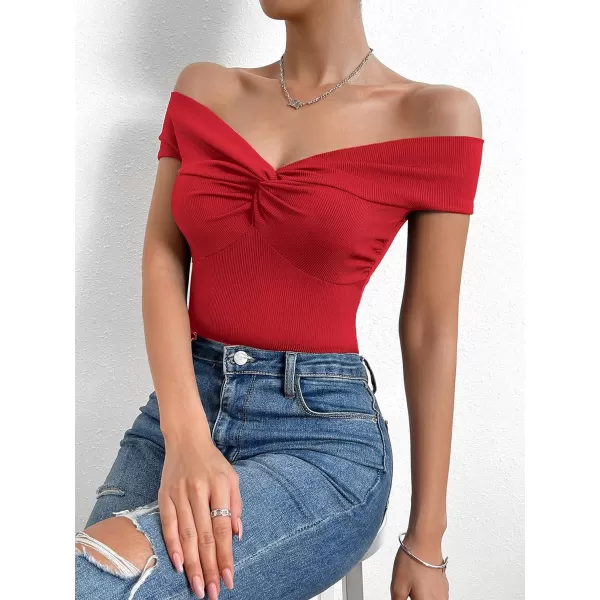 SweatyRocks Women's Off Shoulder Twist Front Ribbed Knit Short Sleeve Tops Casual Elegant Slim Fit Tee Shirts