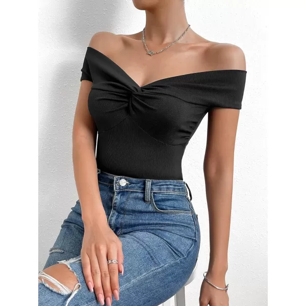 SweatyRocks Women's Off Shoulder Twist Front Ribbed Knit Short Sleeve Tops Casual Elegant Slim Fit Tee Shirts
