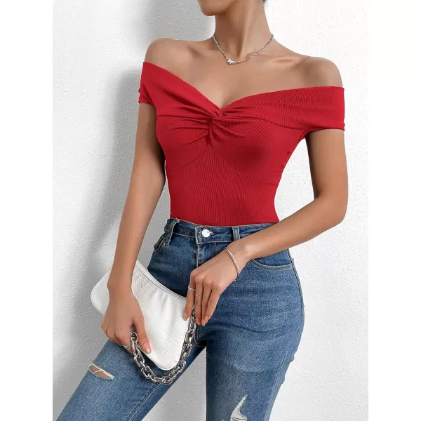 SweatyRocks Women's Off Shoulder Twist Front Ribbed Knit Short Sleeve Tops Casual Elegant Slim Fit Tee Shirts