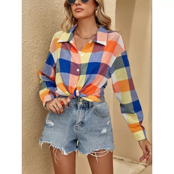 SweatyRocks Women's Plaid Button Front Long Sleeve High Low Shirt Blouse Top