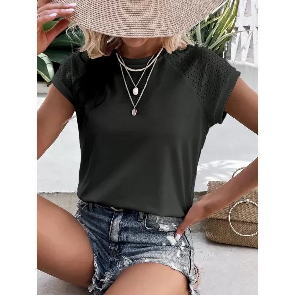 SweatyRocks Women's Raglan Short Sleeve Round Neck T Shirt Eyelet Embroidery Solid Tee Top