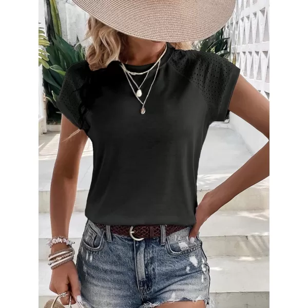 SweatyRocks Women's Raglan Short Sleeve Round Neck T Shirt Eyelet Embroidery Solid Tee Top