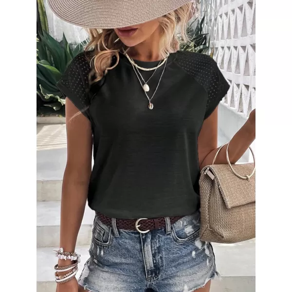 SweatyRocks Women's Raglan Short Sleeve Round Neck T Shirt Eyelet Embroidery Solid Tee Top