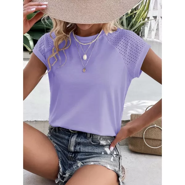 SweatyRocks Women's Raglan Short Sleeve Round Neck T Shirt Eyelet Embroidery Solid Tee Top