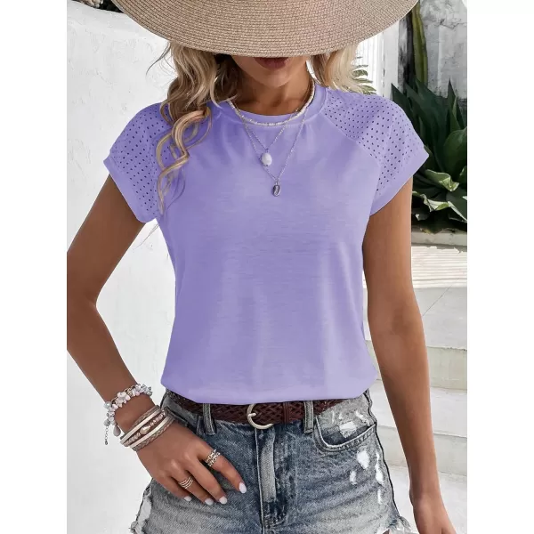 SweatyRocks Women's Raglan Short Sleeve Round Neck T Shirt Eyelet Embroidery Solid Tee Top
