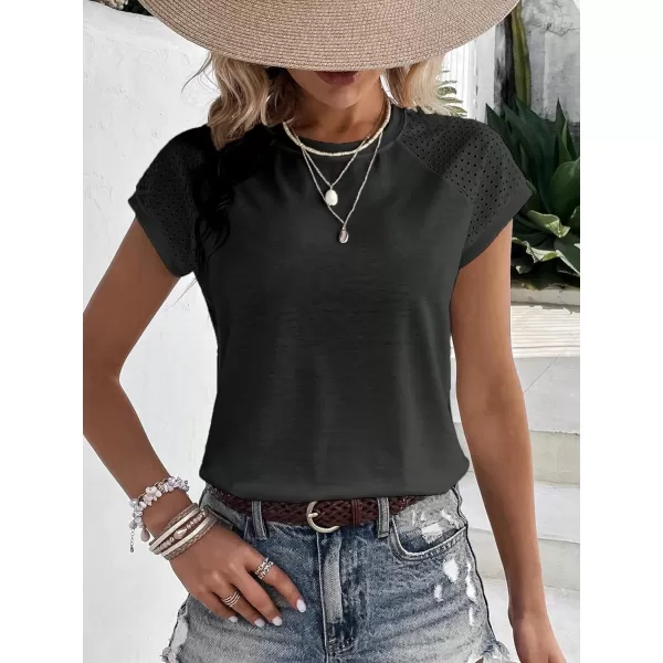SweatyRocks Women's Raglan Short Sleeve Round Neck T Shirt Eyelet Embroidery Solid Tee Top