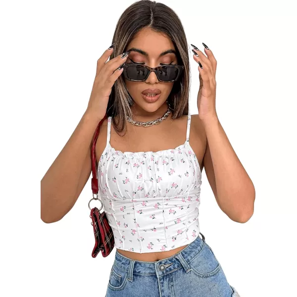 SweatyRocks Women's Ruched Frill Trim Spaghetti Strap Crop Cami Tank Tops Camisole