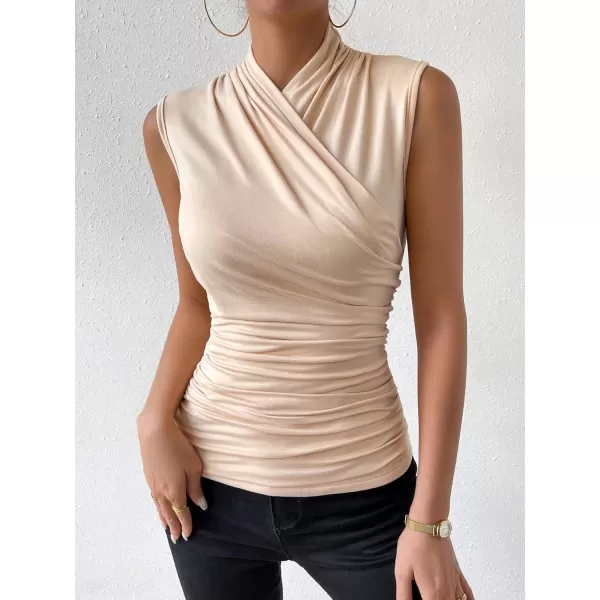 SweatyRocks Women's Ruched Wrap Mock Neck Tank Tops Casual Sleeveless Solid Slim Fit Tank Top