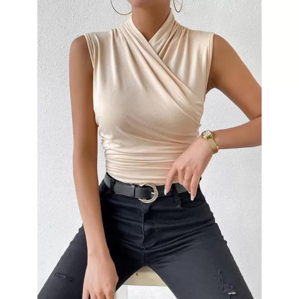 SweatyRocks Women's Ruched Wrap Mock Neck Tank Tops Casual Sleeveless Solid Slim Fit Tank Top