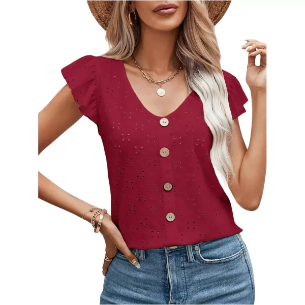 SweatyRocks Women's Ruffled Sleeve Button Decor Eyelet Embroidery V Neck Blouse Shirt Top