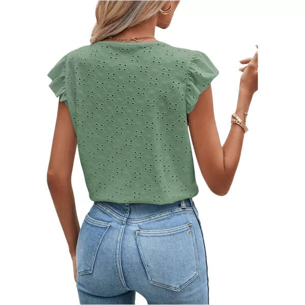 SweatyRocks Women's Ruffled Sleeve Button Decor Eyelet Embroidery V Neck Blouse Shirt Top