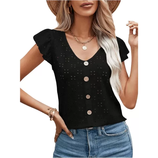 SweatyRocks Women's Ruffled Sleeve Button Decor Eyelet Embroidery V Neck Blouse Shirt Top