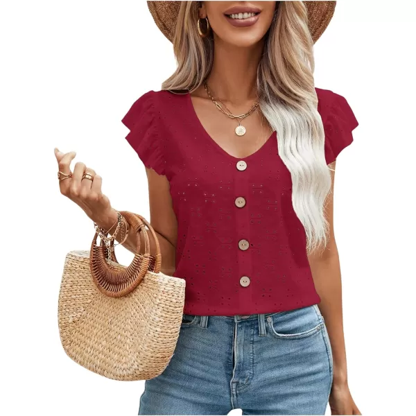 SweatyRocks Women's Ruffled Sleeve Button Decor Eyelet Embroidery V Neck Blouse Shirt Top