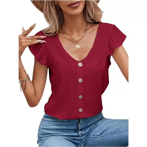 SweatyRocks Women's Ruffled Sleeve Button Decor Eyelet Embroidery V Neck Blouse Shirt Top
