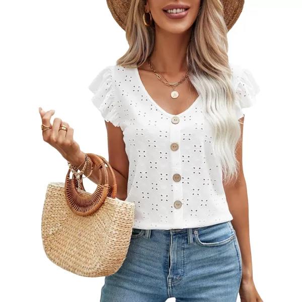 SweatyRocks Women's Ruffled Sleeve Button Decor Eyelet Embroidery V Neck Blouse Shirt Top