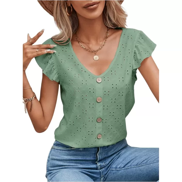 SweatyRocks Women's Ruffled Sleeve Button Decor Eyelet Embroidery V Neck Blouse Shirt Top