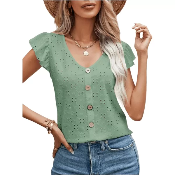 SweatyRocks Women's Ruffled Sleeve Button Decor Eyelet Embroidery V Neck Blouse Shirt Top