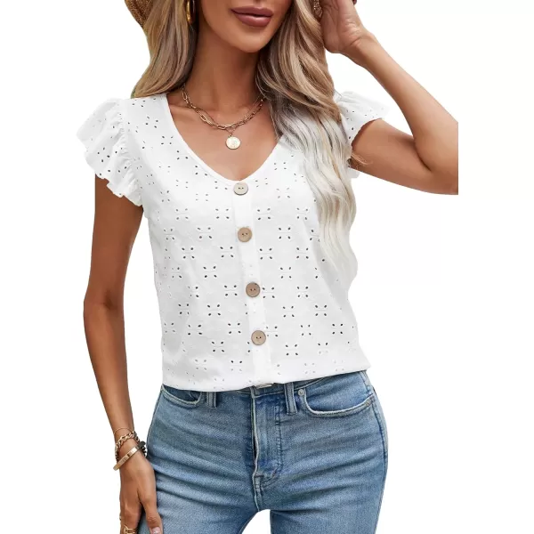 SweatyRocks Women's Ruffled Sleeve Button Decor Eyelet Embroidery V Neck Blouse Shirt Top