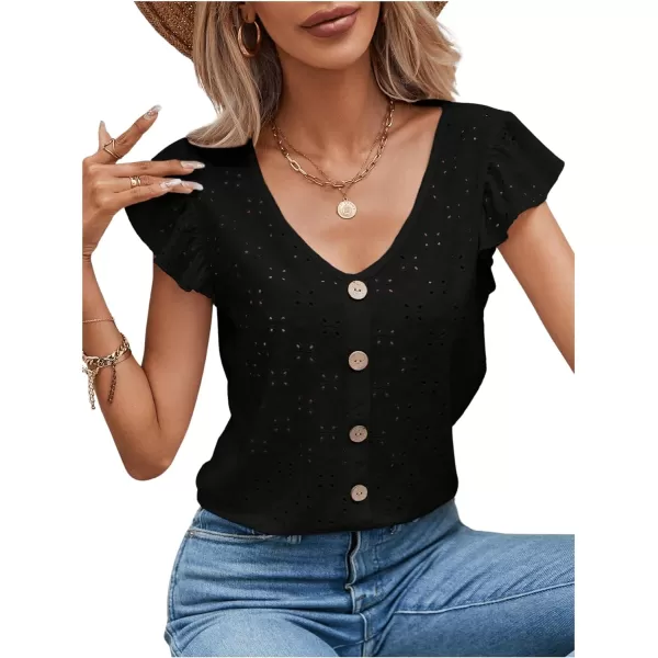 SweatyRocks Women's Ruffled Sleeve Button Decor Eyelet Embroidery V Neck Blouse Shirt Top
