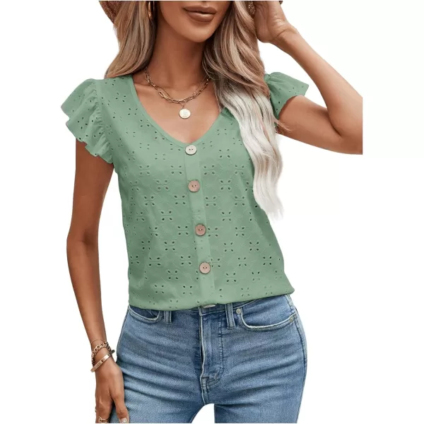 SweatyRocks Women's Ruffled Sleeve Button Decor Eyelet Embroidery V Neck Blouse Shirt Top