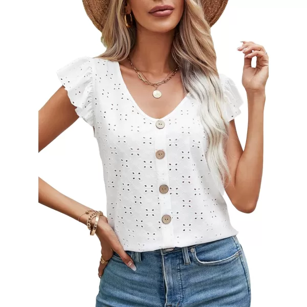 SweatyRocks Women's Ruffled Sleeve Button Decor Eyelet Embroidery V Neck Blouse Shirt Top