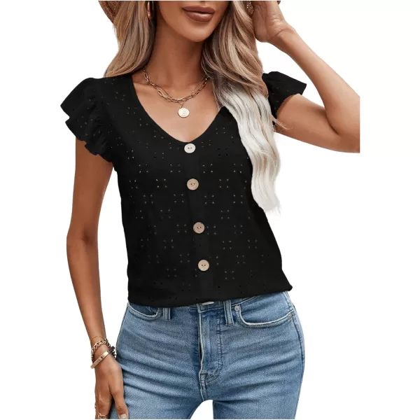 SweatyRocks Women's Ruffled Sleeve Button Decor Eyelet Embroidery V Neck Blouse Shirt Top