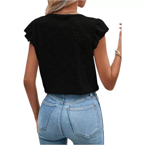 SweatyRocks Women's Ruffled Sleeve Button Decor Eyelet Embroidery V Neck Blouse Shirt Top