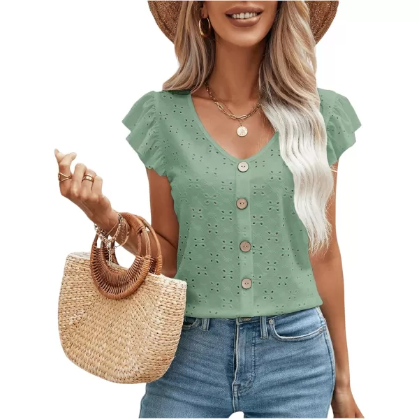 SweatyRocks Women's Ruffled Sleeve Button Decor Eyelet Embroidery V Neck Blouse Shirt Top