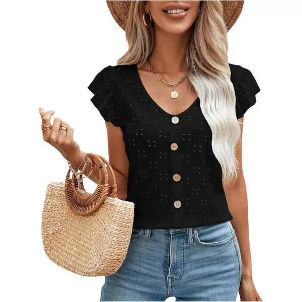 SweatyRocks Women's Ruffled Sleeve Button Decor Eyelet Embroidery V Neck Blouse Shirt Top