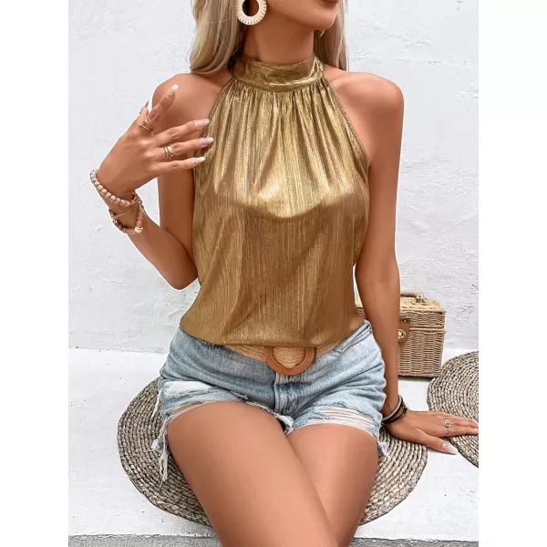 SweatyRocks Women's Satin Sleeveless Halter Tank Top Mock Neck Metallic Party Blouse Top