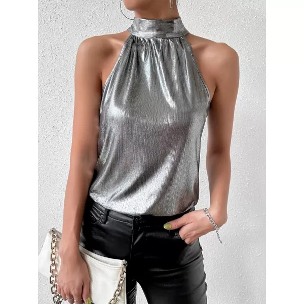 SweatyRocks Women's Satin Sleeveless Halter Tank Top Mock Neck Metallic Party Blouse Top