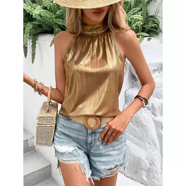 SweatyRocks Women's Satin Sleeveless Halter Tank Top Mock Neck Metallic Party Blouse Top