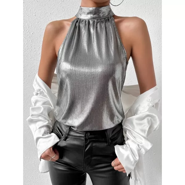 SweatyRocks Women's Satin Sleeveless Halter Tank Top Mock Neck Metallic Party Blouse Top