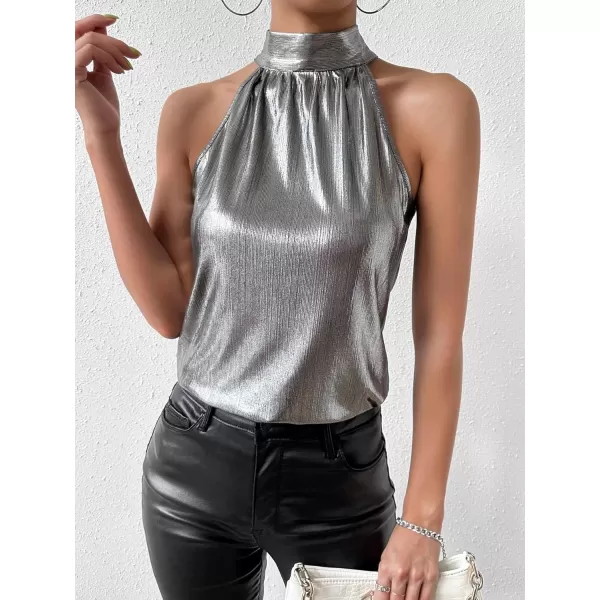 SweatyRocks Women's Satin Sleeveless Halter Tank Top Mock Neck Metallic Party Blouse Top