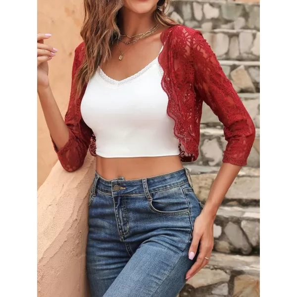 SweatyRocks Women's Sheer Floral Lace Open Front Crop Shrug Long Sleeve Blouse Top