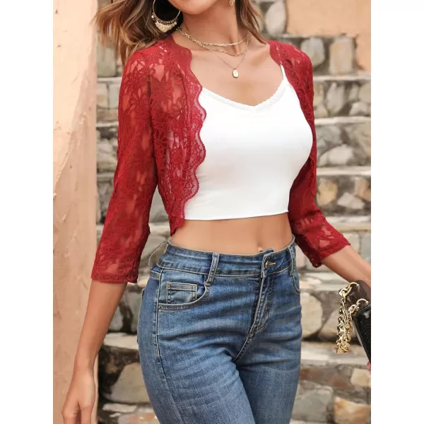 SweatyRocks Women's Sheer Floral Lace Open Front Crop Shrug Long Sleeve Blouse Top