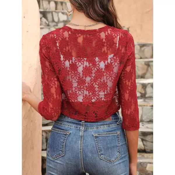 SweatyRocks Women's Sheer Floral Lace Open Front Crop Shrug Long Sleeve Blouse Top