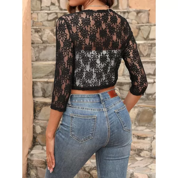 SweatyRocks Women's Sheer Floral Lace Open Front Crop Shrug Long Sleeve Blouse Top