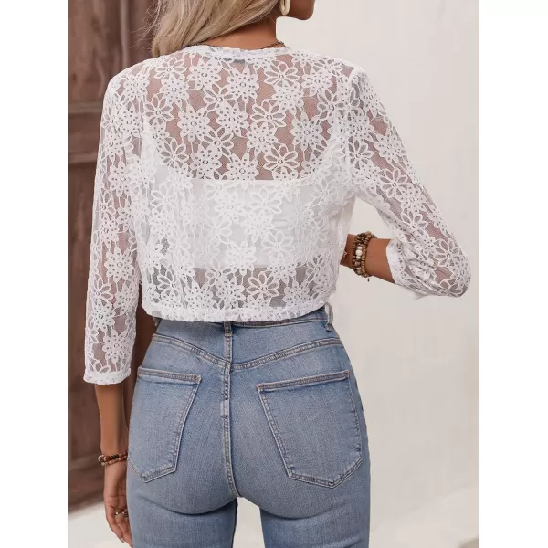 SweatyRocks Women's Sheer Floral Lace Open Front Crop Shrug Long Sleeve Blouse Top