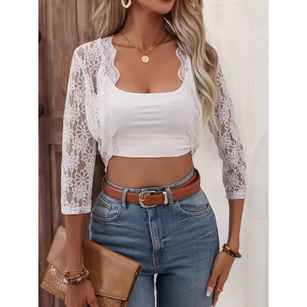 SweatyRocks Women's Sheer Floral Lace Open Front Crop Shrug Long Sleeve Blouse Top