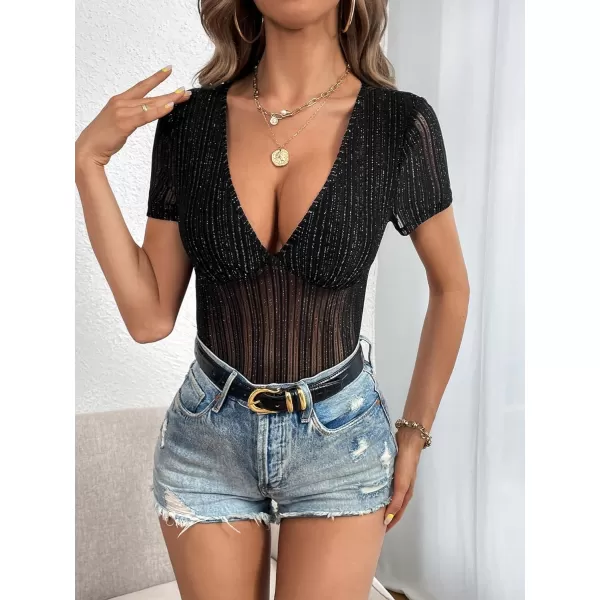 SweatyRocks Women's Short Sleeve Sheer Mesh T Shirt Deep V Neck Sequin Striped Tee Shirts Top