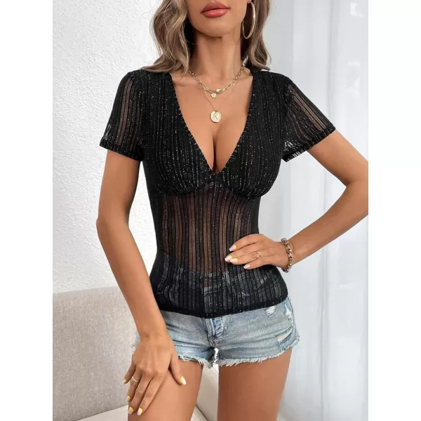 SweatyRocks Women's Short Sleeve Sheer Mesh T Shirt Deep V Neck Sequin Striped Tee Shirts Top