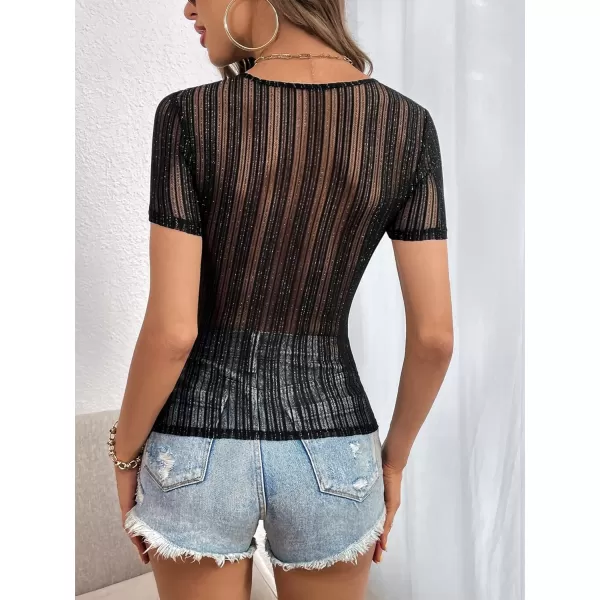 SweatyRocks Women's Short Sleeve Sheer Mesh T Shirt Deep V Neck Sequin Striped Tee Shirts Top