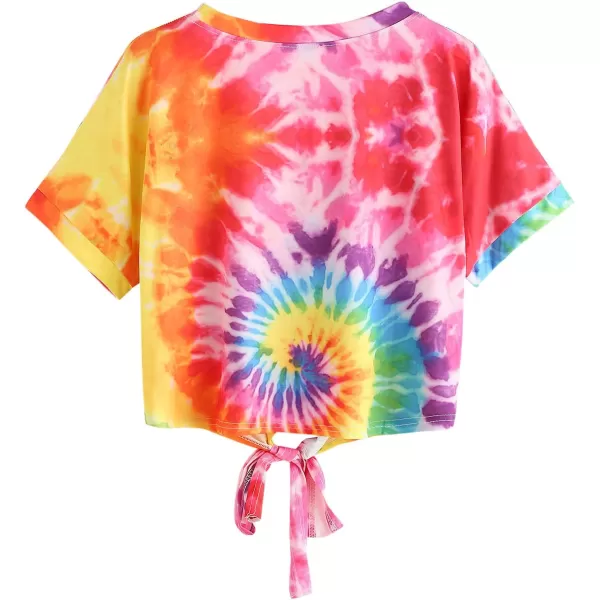 SweatyRocks Women's Short Sleeve Tie Dye Tie Hem Summer Crop T-Shirt Tops Blouse